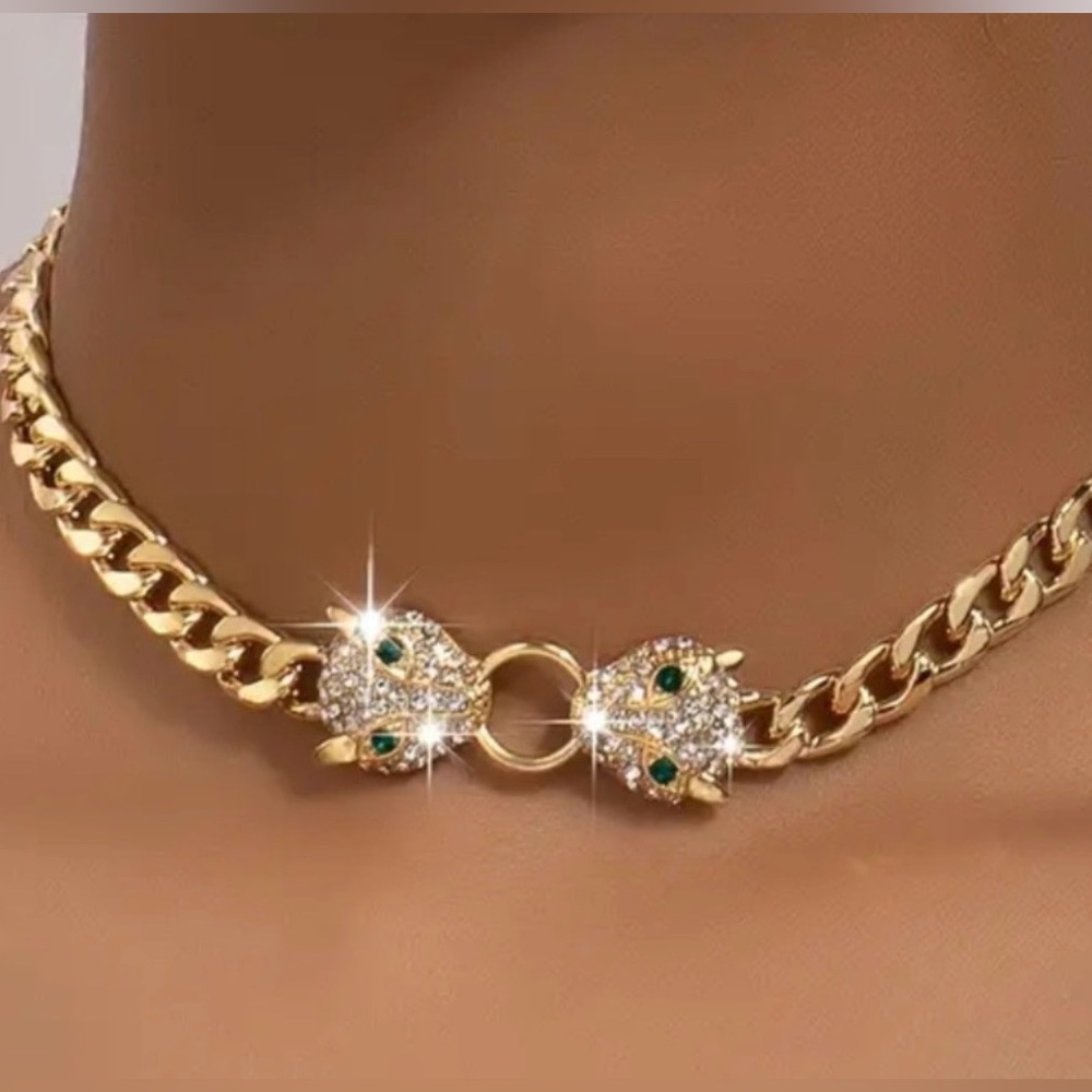 Double Head Rhinestone Leopard Choker Chain